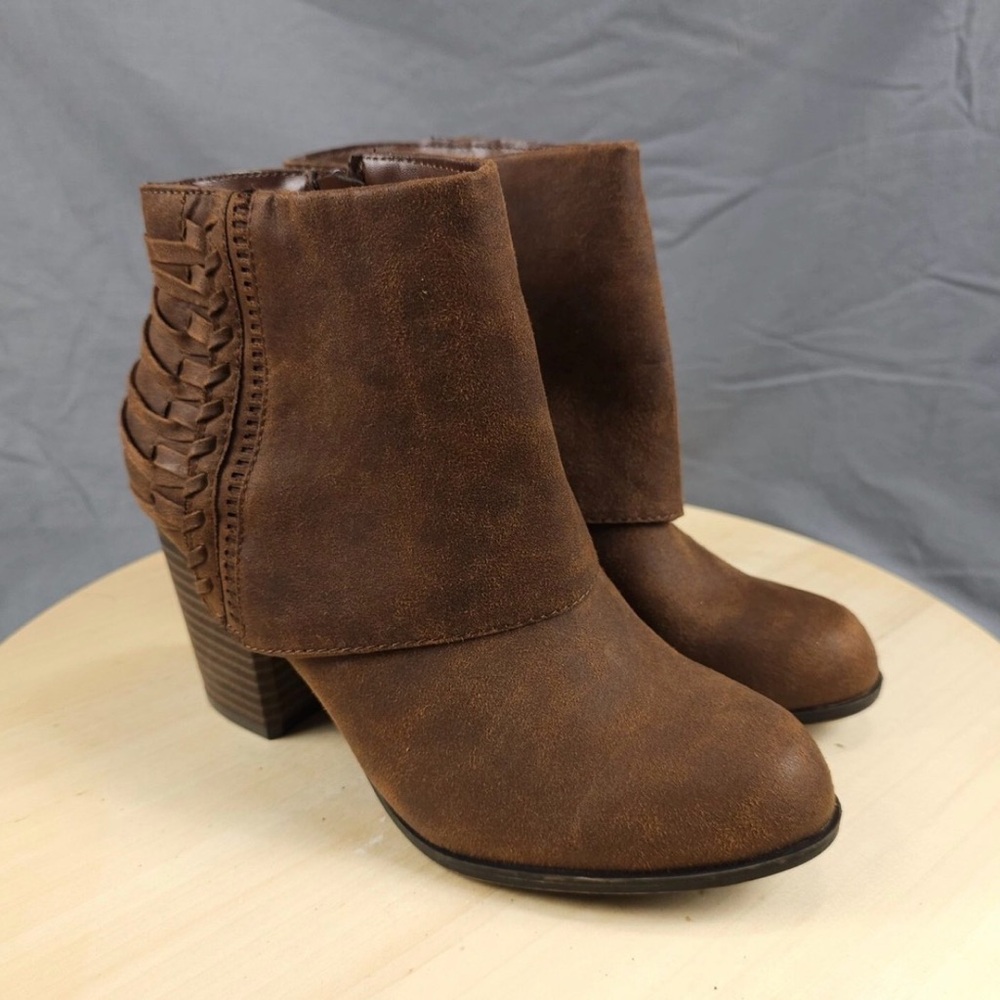 Fergalicious Taranto Brown faux Suade Ankle Booties with Woven Detail